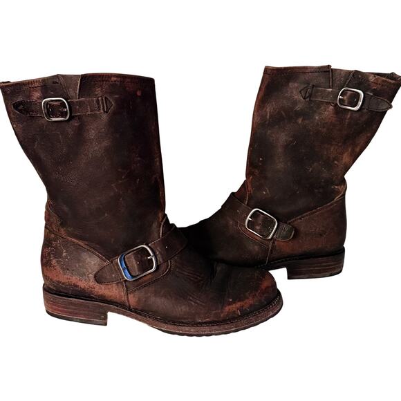 Frye Veronica Short Boots Womens sz 9 Brown Black Distressed Flat Engineer Biker - Picture 4 of 8